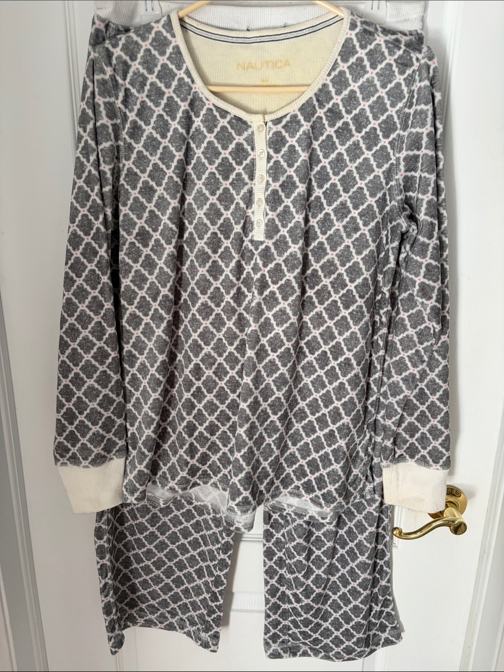 Nautica Women’s Gray and Cream Geometric Long-Sleeve Pajama Set